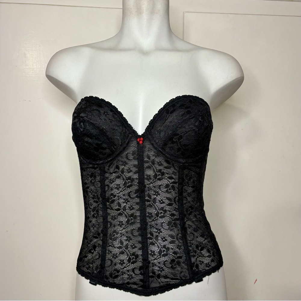 Vintage 70s Carnival Black Lace Strapless Bustier Longline Corset Bra Top